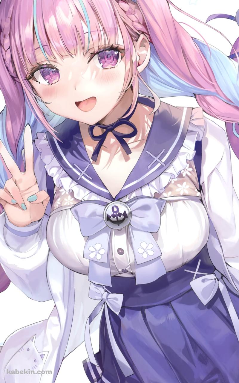 ピースをするかわいい湊あくあ / ホロライブ / バーチャルYouTuber / ファンアート / イラストのAndroidの壁紙(800px x 1280px) スマホ用
