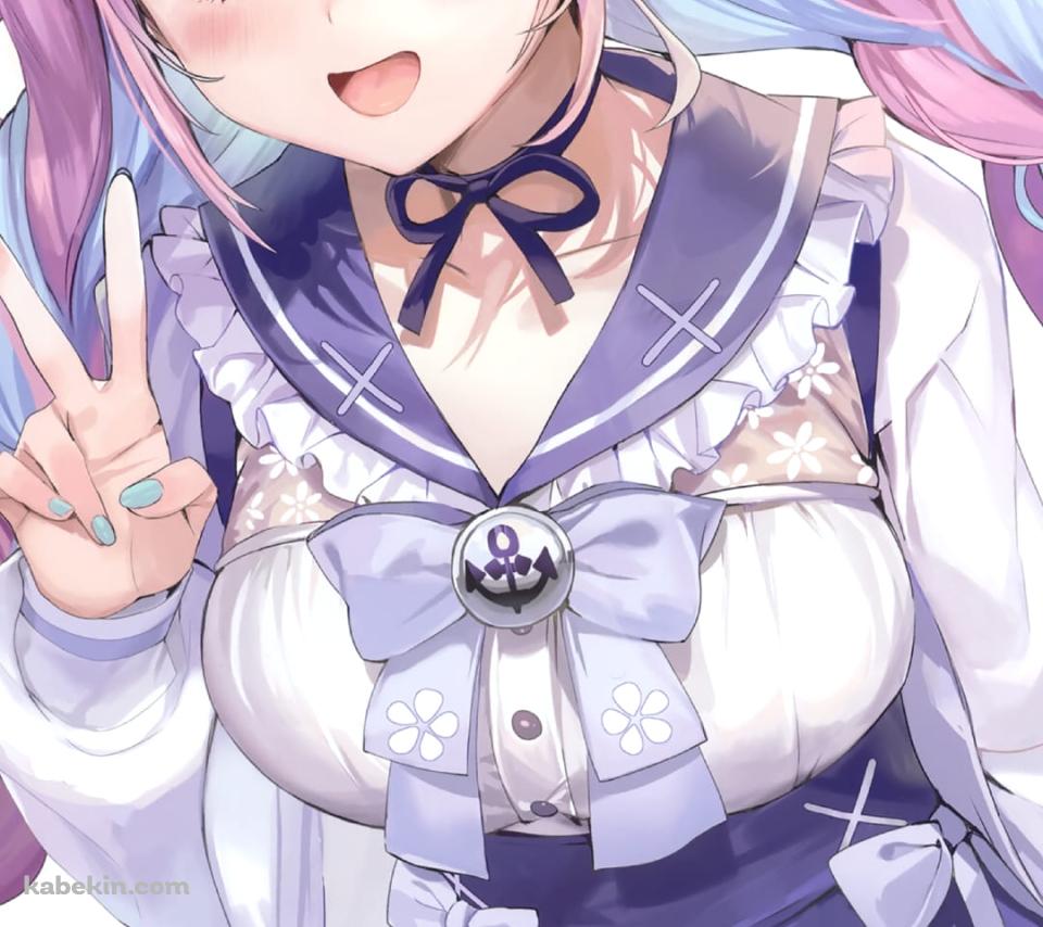 ピースをするかわいい湊あくあ / ホロライブ / バーチャルYouTuber / ファンアート / イラストのAndroidの壁紙(960px x 854px) スマホ用