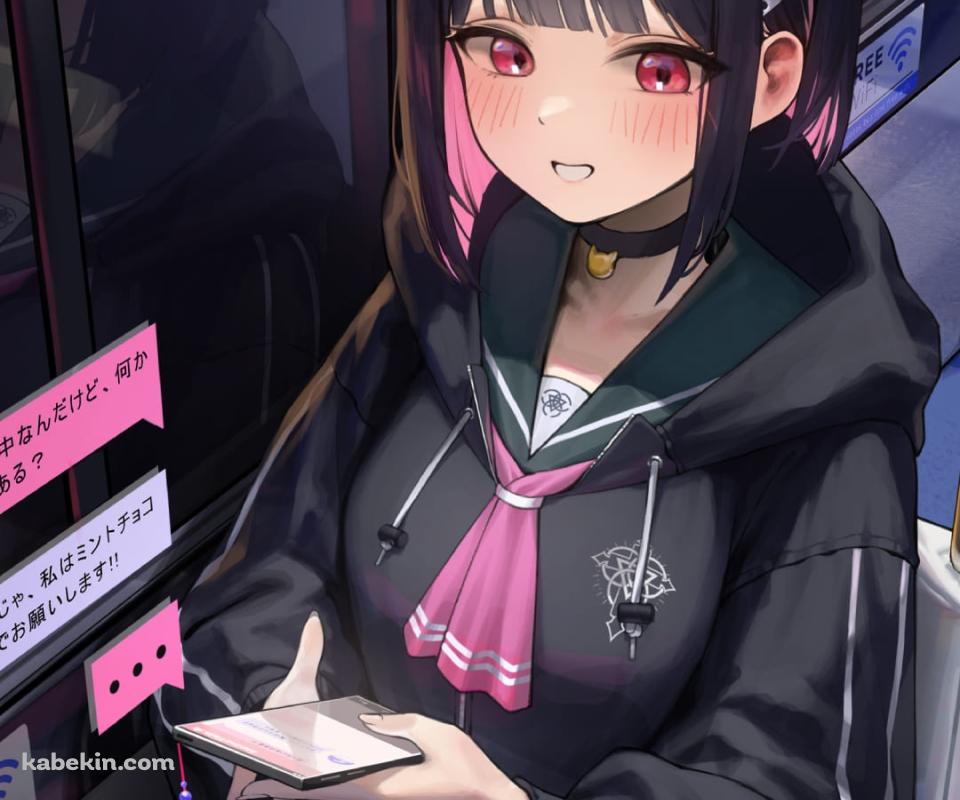 バスの椅子に座ってスマホを見る杏山カズサ (きょうやまかずさ) / ブルアカ / ブルーアーカイブ / ファンアート / イラストのAndroidの壁紙(960px x 800px) スマホ用