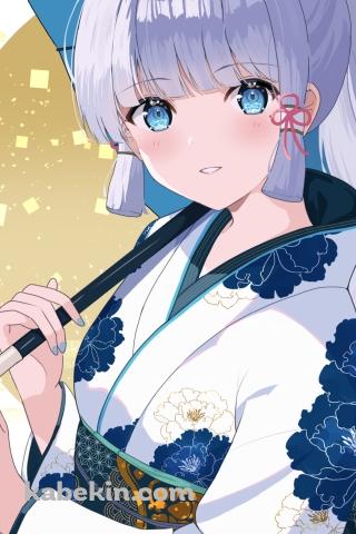 青い傘 / 青い花柄模様の着物 / 神里綾華 / 原神のAndroidの壁紙(320px x 480px) スマホ用