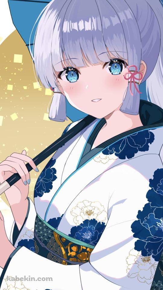 青い傘 / 青い花柄模様の着物 / 神里綾華 / 原神のAndroidの壁紙(540px x 960px) スマホ用