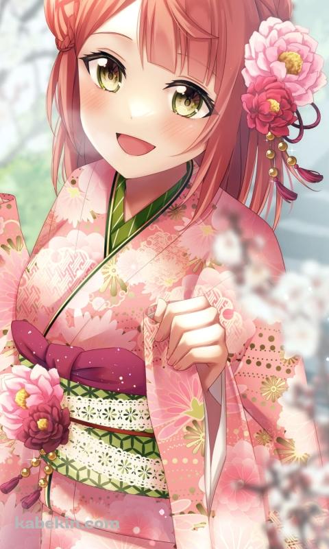 ピンクの着物を着る上原歩夢(うえはら あゆむ) / 虹ヶ咲学園スクールアイドル同好会 / ファンアート / イラストのAndroidの壁紙(480px x 800px) スマホ用