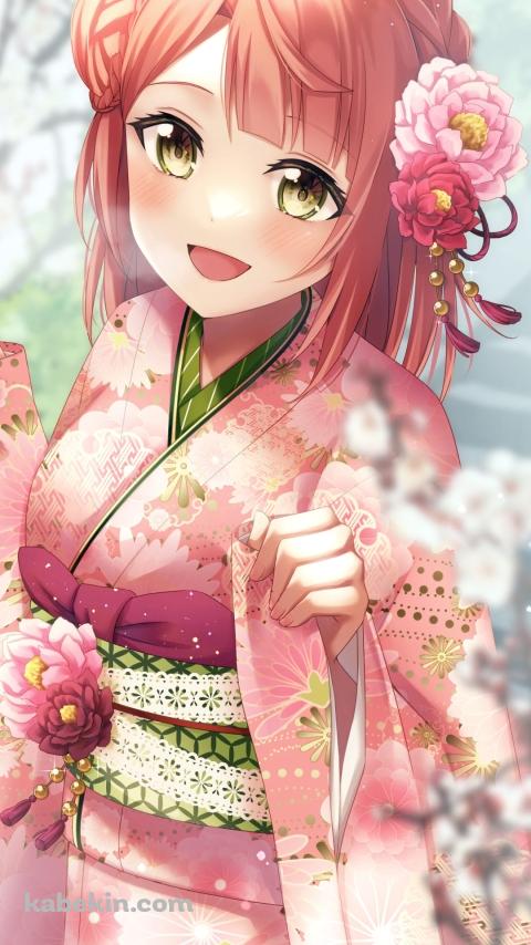 ピンクの着物を着る上原歩夢(うえはら あゆむ) / 虹ヶ咲学園スクールアイドル同好会 / ファンアート / イラストのAndroidの壁紙(480px x 854px) スマホ用