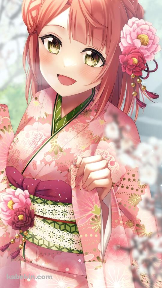 ピンクの着物を着る上原歩夢(うえはら あゆむ) / 虹ヶ咲学園スクールアイドル同好会 / ファンアート / イラストのAndroidの壁紙(540px x 960px) スマホ用