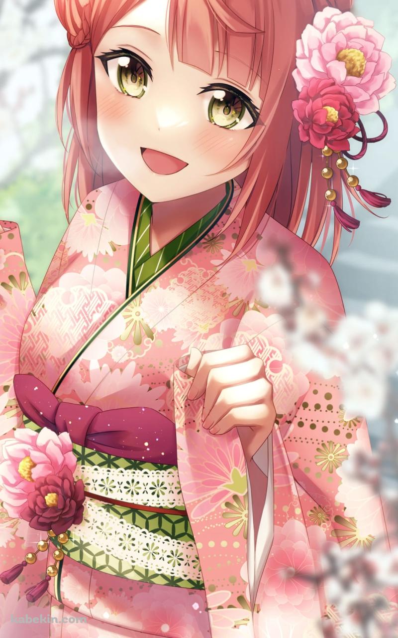 ピンクの着物を着る上原歩夢(うえはら あゆむ) / 虹ヶ咲学園スクールアイドル同好会 / ファンアート / イラストのAndroidの壁紙(800px x 1280px) スマホ用