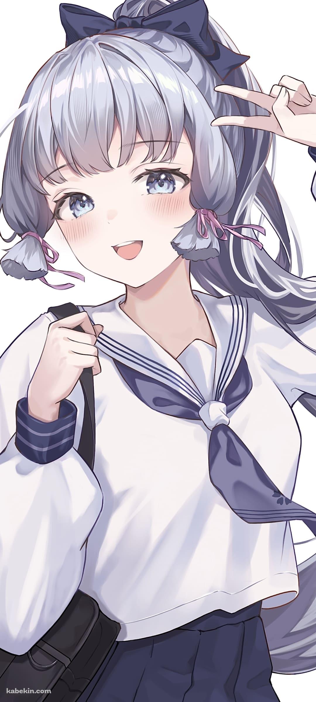 ピースをする神里綾華 / セーラー服 / かわいい / JK / 原神のAndroidの壁紙(1080px x 2400px) スマホ用