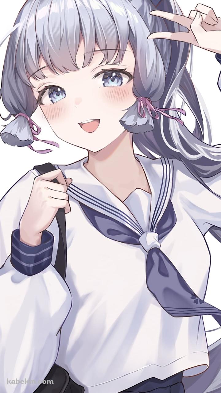ピースをする神里綾華 / セーラー服 / かわいい / JK / 原神のAndroidの壁紙(720px x 1280px) スマホ用