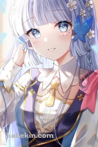 こちらに微笑む神里綾華 / 青い蝶の髪飾り / 原神のAndroidの壁紙(320px x 480px) スマホ用