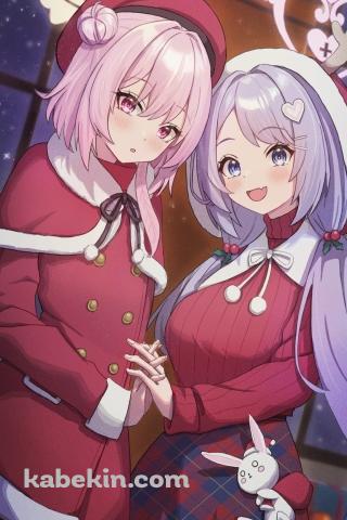 サンタコスのかわいい鷲見セリナと朝顔ハナエ / ブルーアーカイブ / ブルアカ / ファンアート / イラストのAndroidの壁紙(320px x 480px) スマホ用