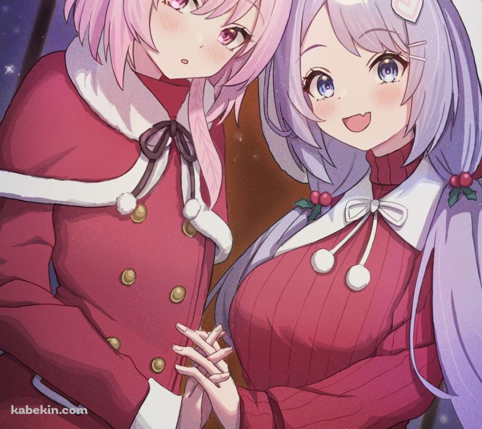 サンタコスのかわいい鷲見セリナと朝顔ハナエ / ブルーアーカイブ / ブルアカ / ファンアート / イラストのAndroidの壁紙(960px x 854px) スマホ用