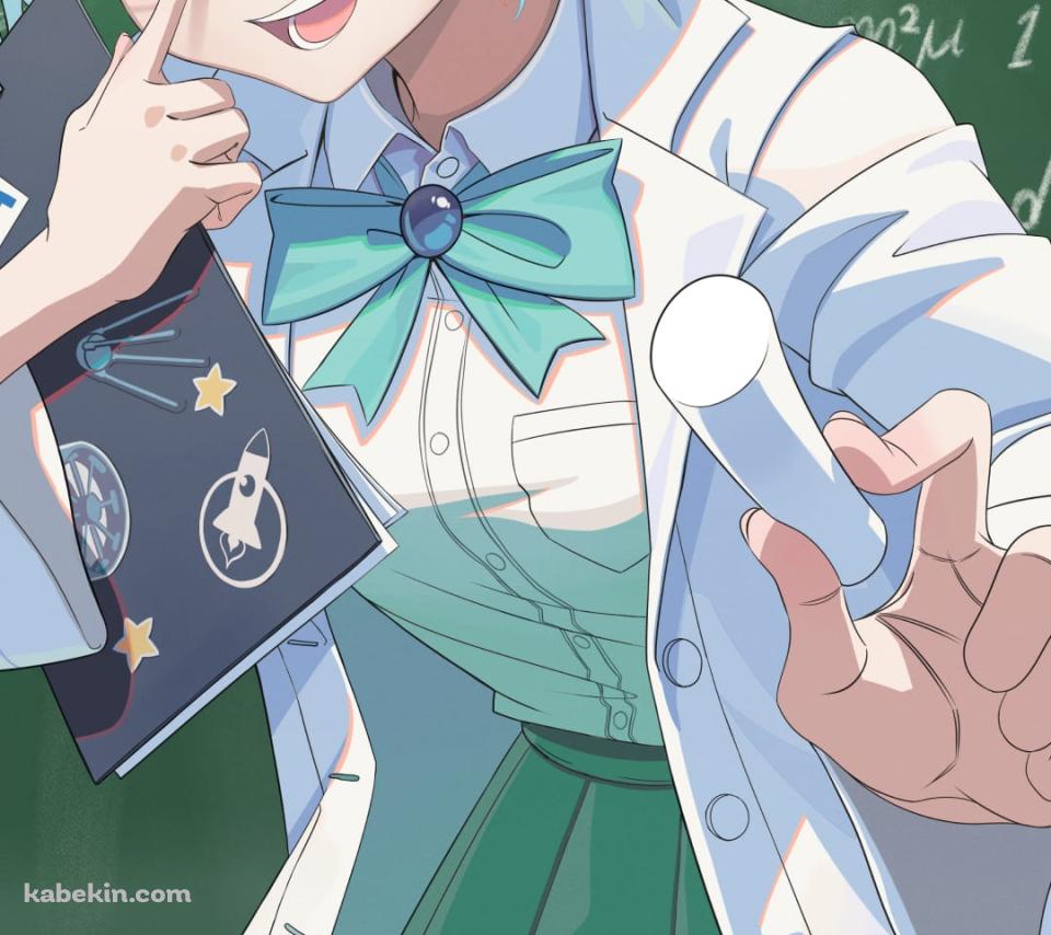 白いチョークを持ちメガネをクイッとしてる宇推くりあ / 黒板 / 黒板消し / 数式 / バーチャルyoutuberのAndroidの壁紙(960px x 854px) スマホ用