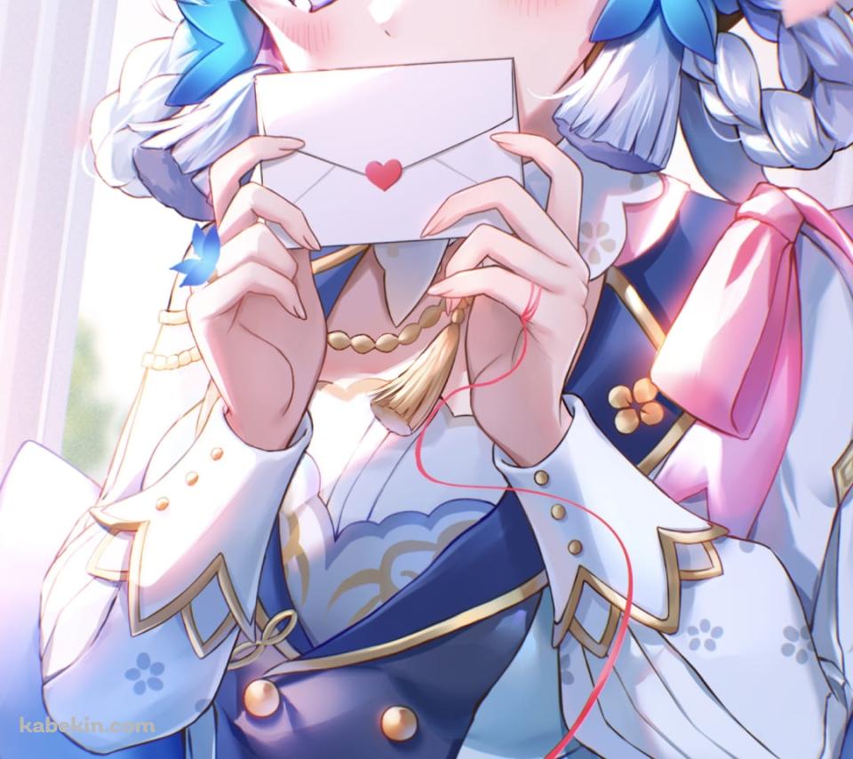 ハートのついた便箋で口元を隠す神里綾華 / 花時に訪れた手紙 / 原神のAndroidの壁紙(960px x 854px) スマホ用