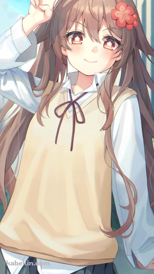 頭の近くでピースをするかわいい胡桃 / セーラー服 / JK / 女子高生 / 赤い花びらの髪飾り / 原神のAndroidの壁紙(540px x 960px) スマホ用