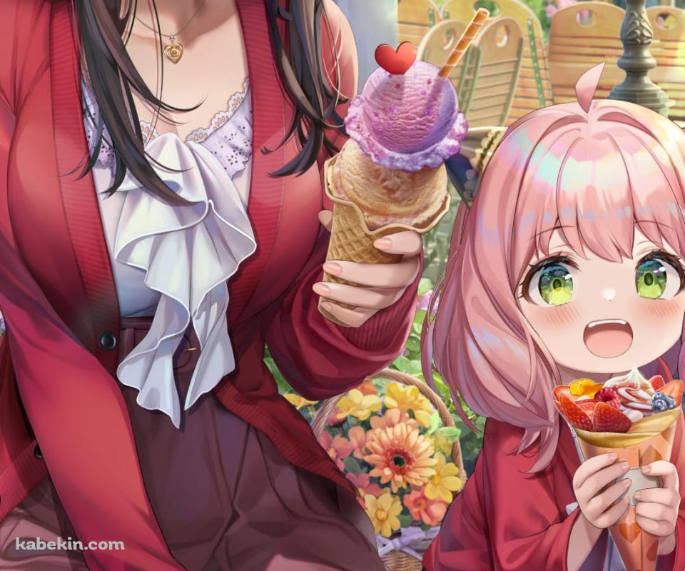 ストロベリーアイスを食べるヨル・フォージャー / クレープを食べるアーニャ・フォージャー / かわいい / おでかけ / スパイファミリー / ファンアート / イラストのAndroidの壁紙(960px x 800px) スマホ用