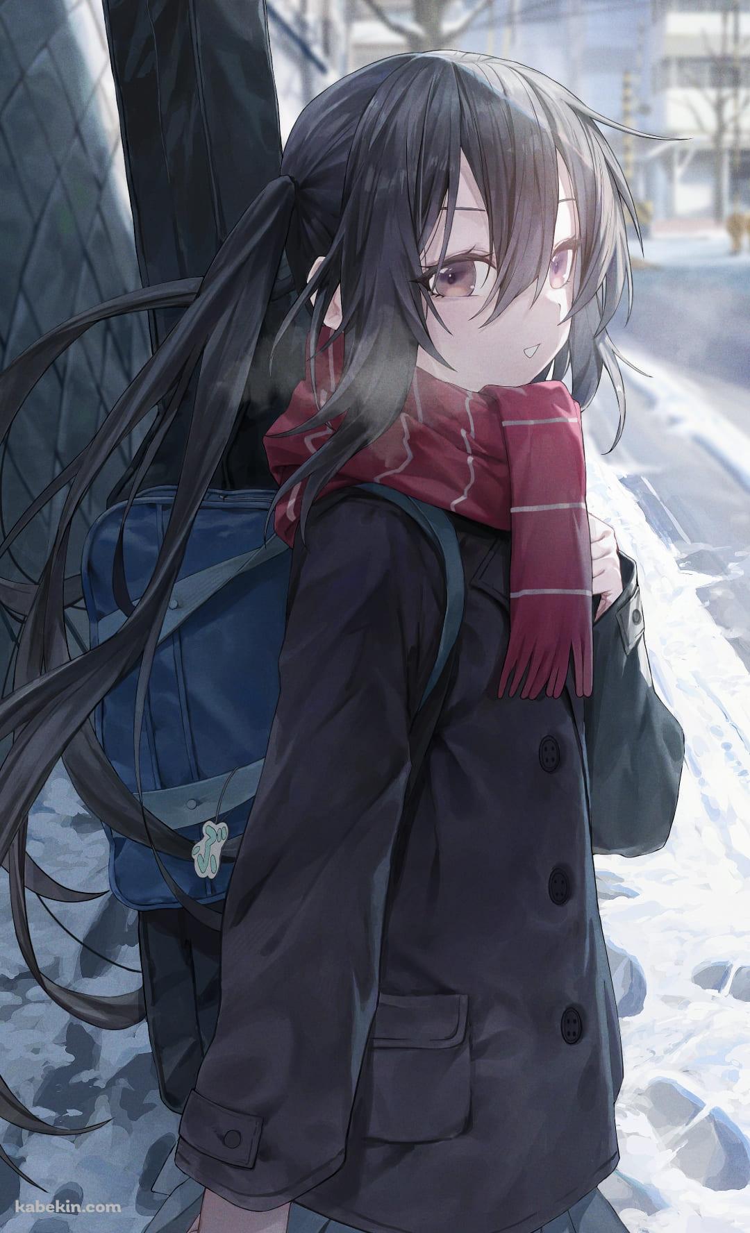 赤いマフラーをした中野梓 / セーラー服 / 雪の日 / けいおん! / ファンアート / イラストのAndroidの壁紙(1080px x 1776px) スマホ用