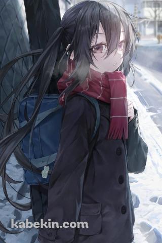 赤いマフラーをした中野梓 / セーラー服 / 雪の日 / けいおん! / ファンアート / イラストのAndroidの壁紙(320px x 480px) スマホ用
