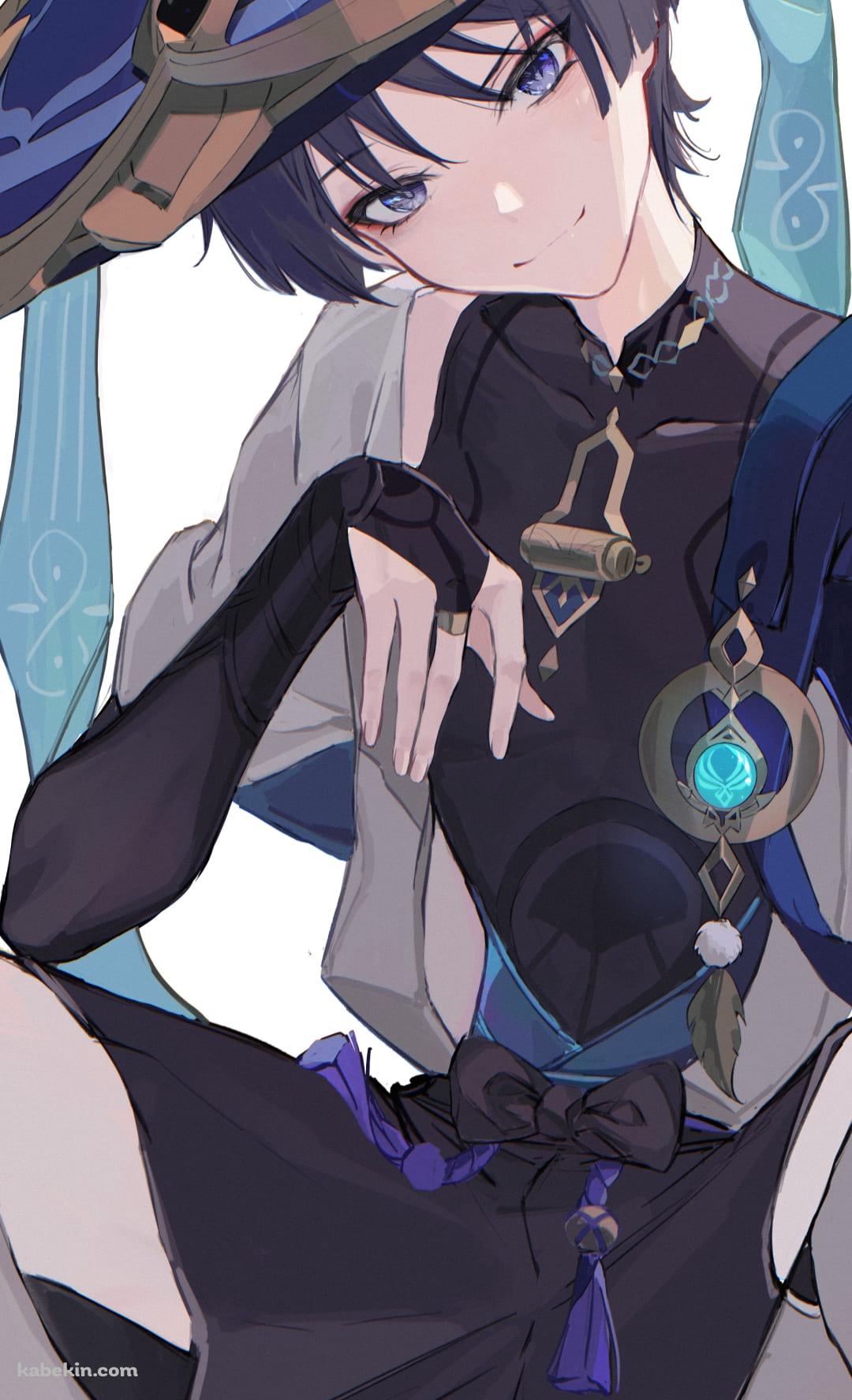 座ってこちらの微笑むスカラマシュ / 放浪者 / 開脚 / 原神のAndroidの壁紙(1080px x 1776px) スマホ用