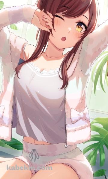 寝間着姿で伸びをする大崎甘奈（おおさき あまな）/ かわいい / アイドルマスター シャイニーカラーズ(シャニマス) / ファンアート / イラストのAndroidの壁紙(360px x 592px) スマホ用