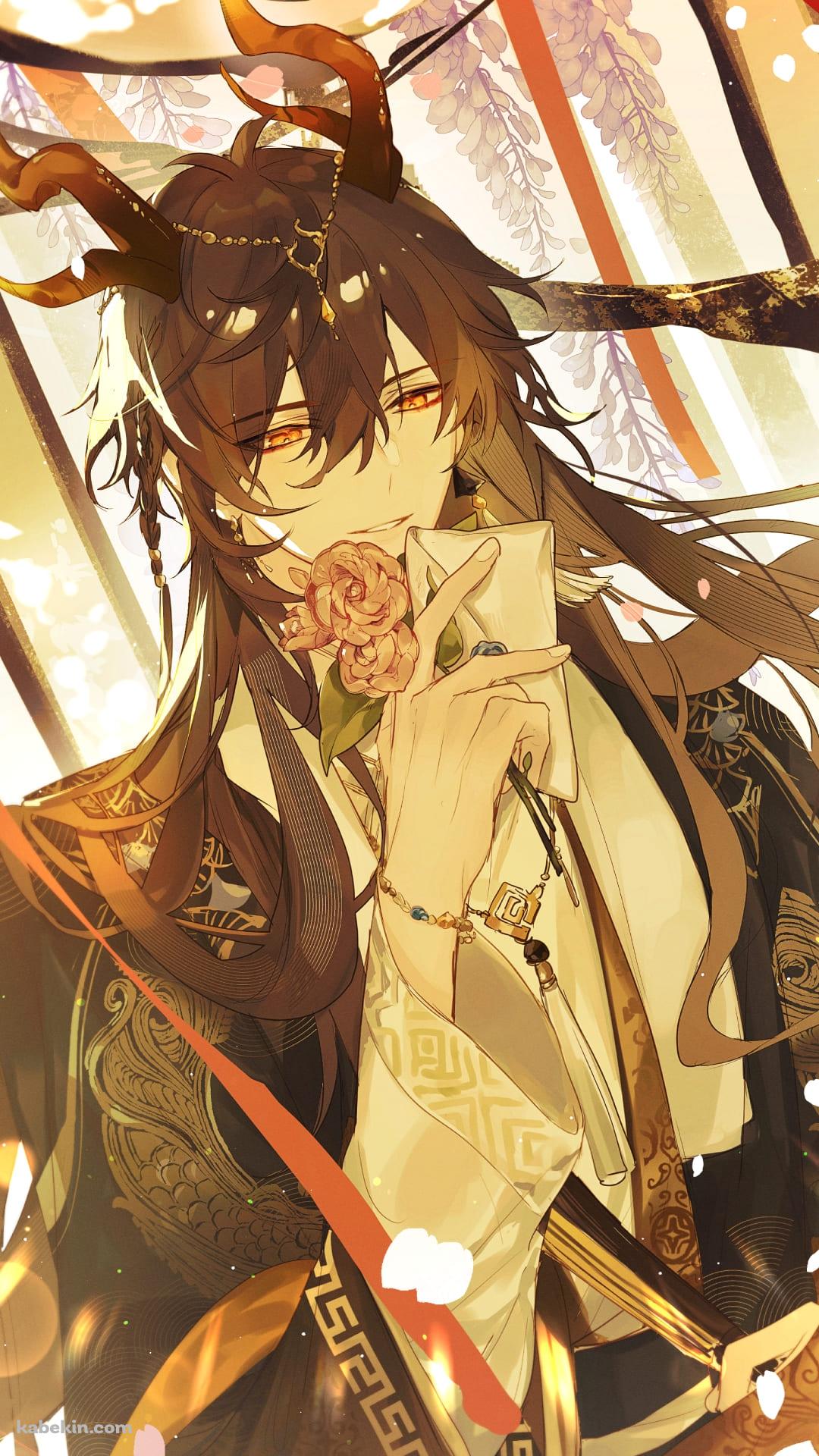 手紙とピンクの薔薇を持つ鍾離 / 原神のAndroidの壁紙(1080px x 1920px) スマホ用