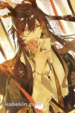 手紙とピンクの薔薇を持つ鍾離 / 原神のAndroidの壁紙(320px x 480px) スマホ用