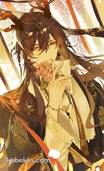 手紙とピンクの薔薇を持つ鍾離 / 原神のAndroidの壁紙(360px x 592px) スマホ用