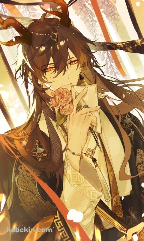 手紙とピンクの薔薇を持つ鍾離 / 原神のAndroidの壁紙(480px x 800px) スマホ用