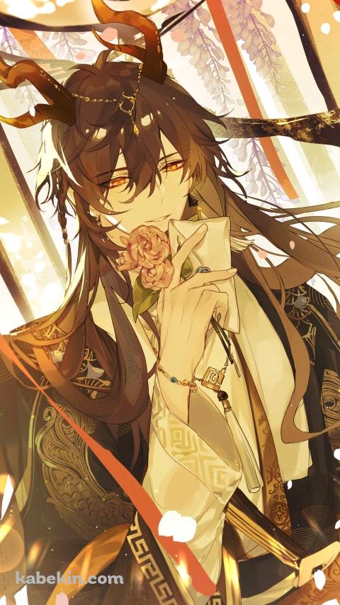 手紙とピンクの薔薇を持つ鍾離 / 原神のAndroidの壁紙(480px x 854px) スマホ用