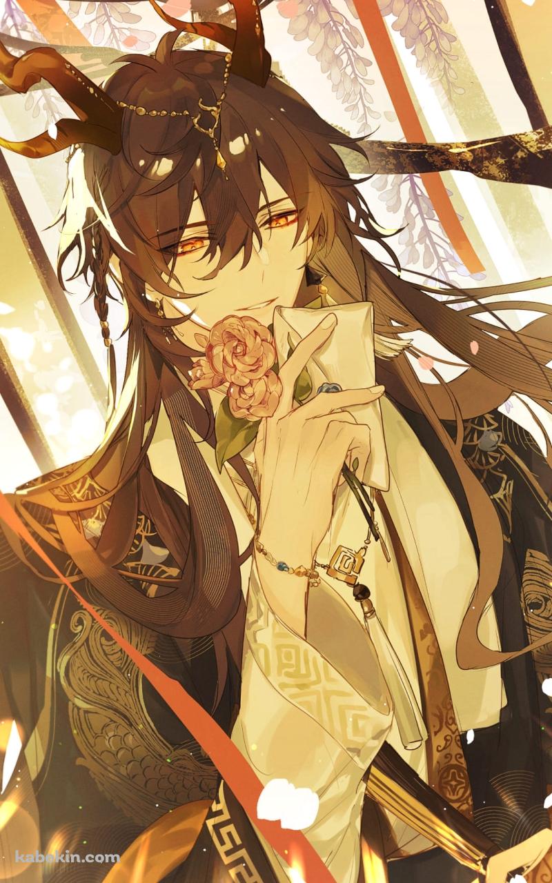 手紙とピンクの薔薇を持つ鍾離 / 原神のAndroidの壁紙(800px x 1280px) スマホ用