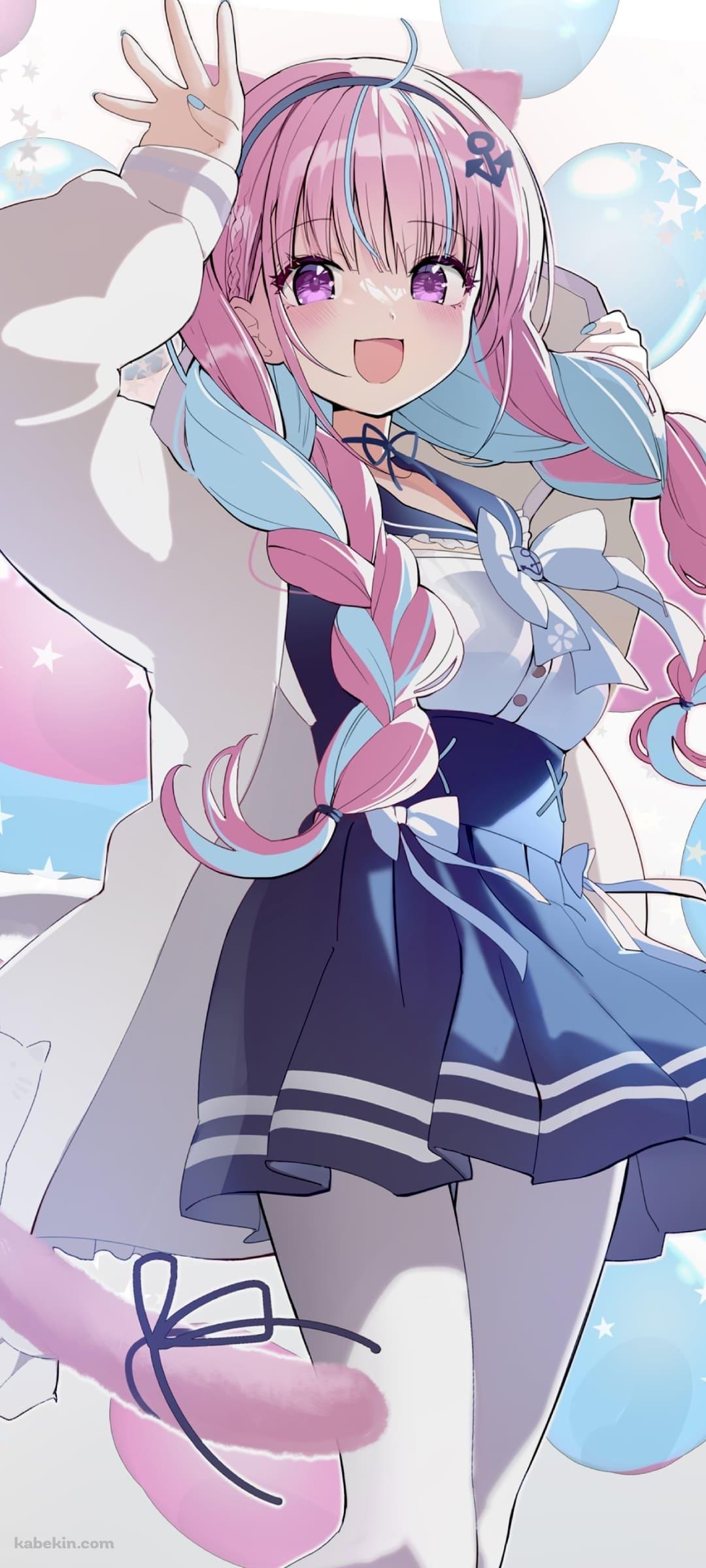 頭のとこに手を挙げて笑う湊あくあ / ホロライブ / バーチャルYouTuber / ファンアート / イラストのAndroidの壁紙(1080px x 2400px) スマホ用
