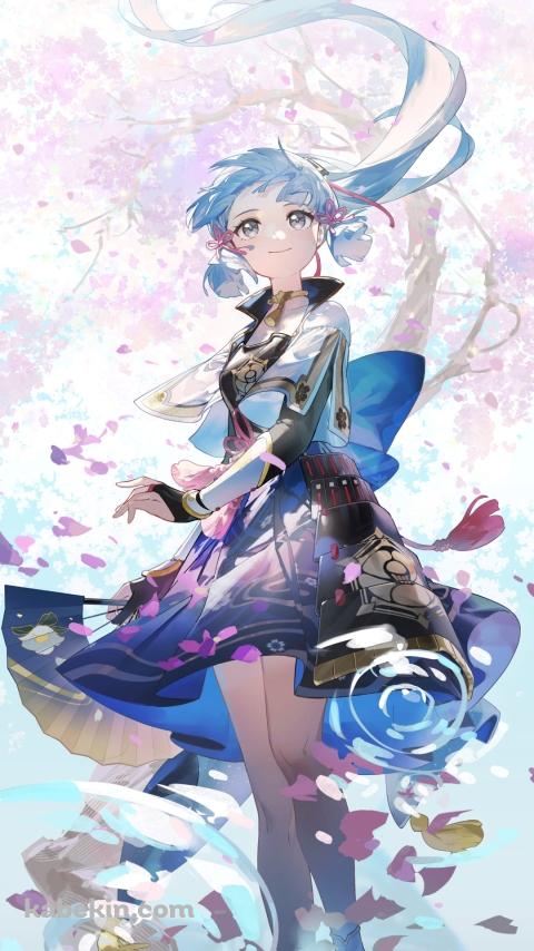 舞い散る桜の花びら / 水面 / 波紋 / 神里綾華 / 原神のAndroidの壁紙(480px x 854px) スマホ用
