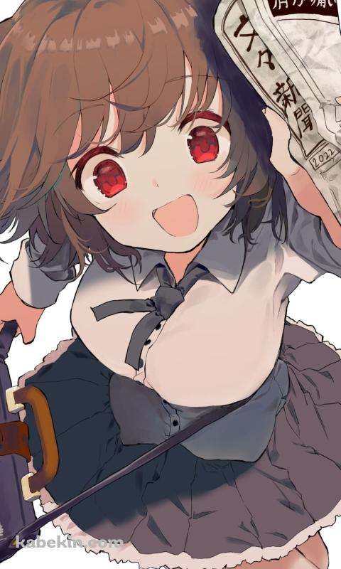 新聞を持って走る射命丸文 / 肩が痛い / 東方 / ファンアート / イラストのAndroidの壁紙(480px x 800px) スマホ用