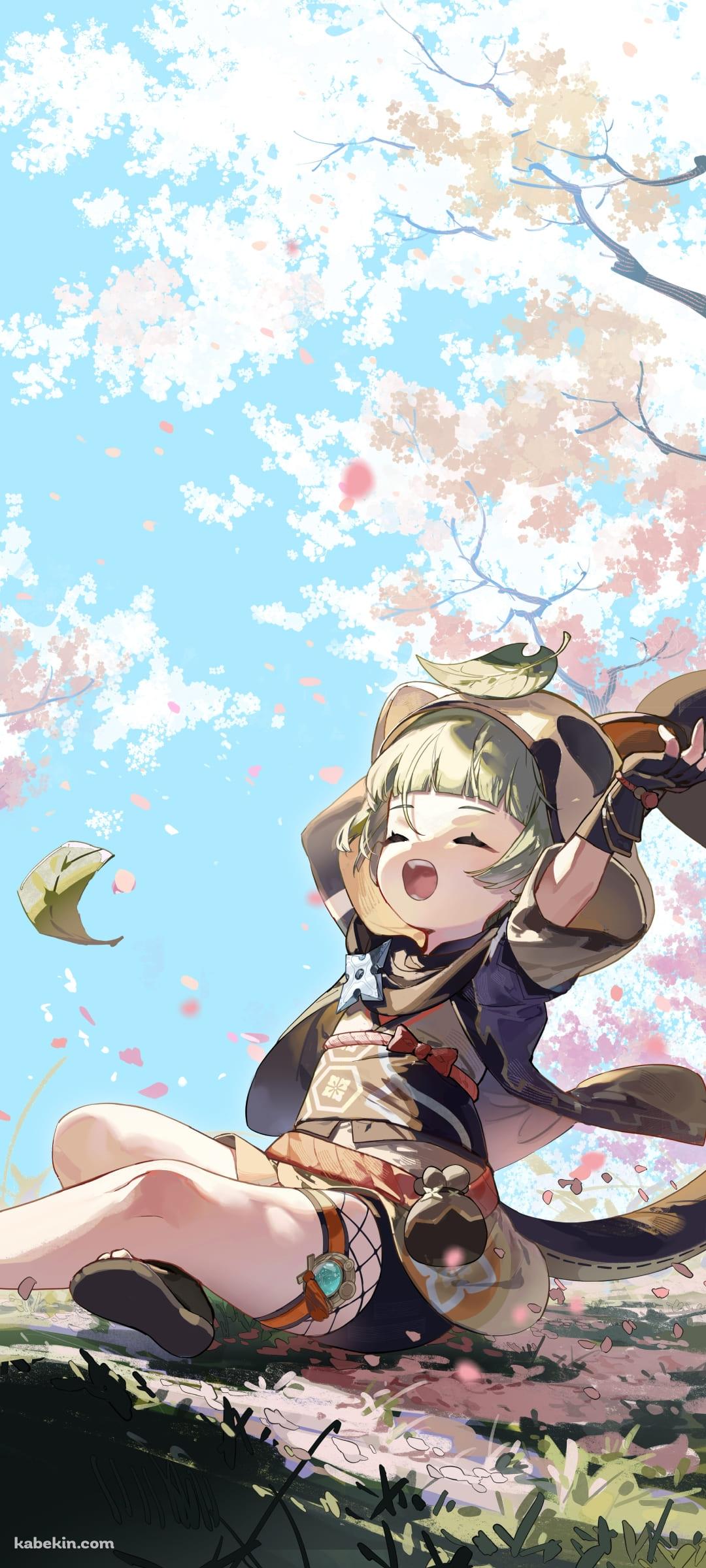 桜の木の下で伸びをするかわいい早柚 / 原神のAndroidの壁紙(1080px x 2400px) スマホ用