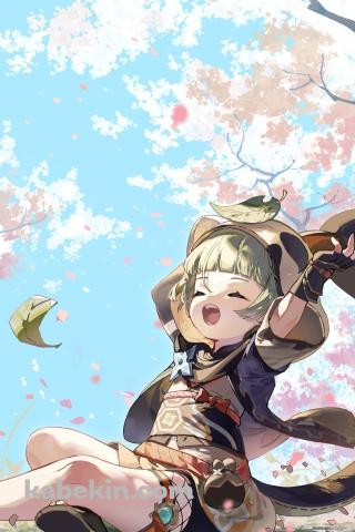 桜の木の下で伸びをするかわいい早柚 / 原神のAndroidの壁紙(320px x 480px) スマホ用