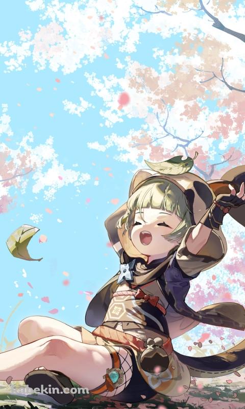 桜の木の下で伸びをするかわいい早柚 / 原神のAndroidの壁紙(480px x 800px) スマホ用