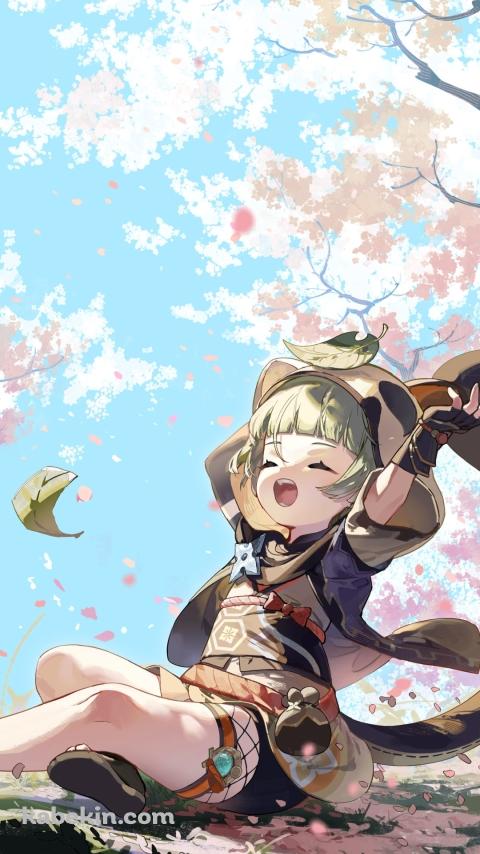 桜の木の下で伸びをするかわいい早柚 / 原神のAndroidの壁紙(480px x 854px) スマホ用