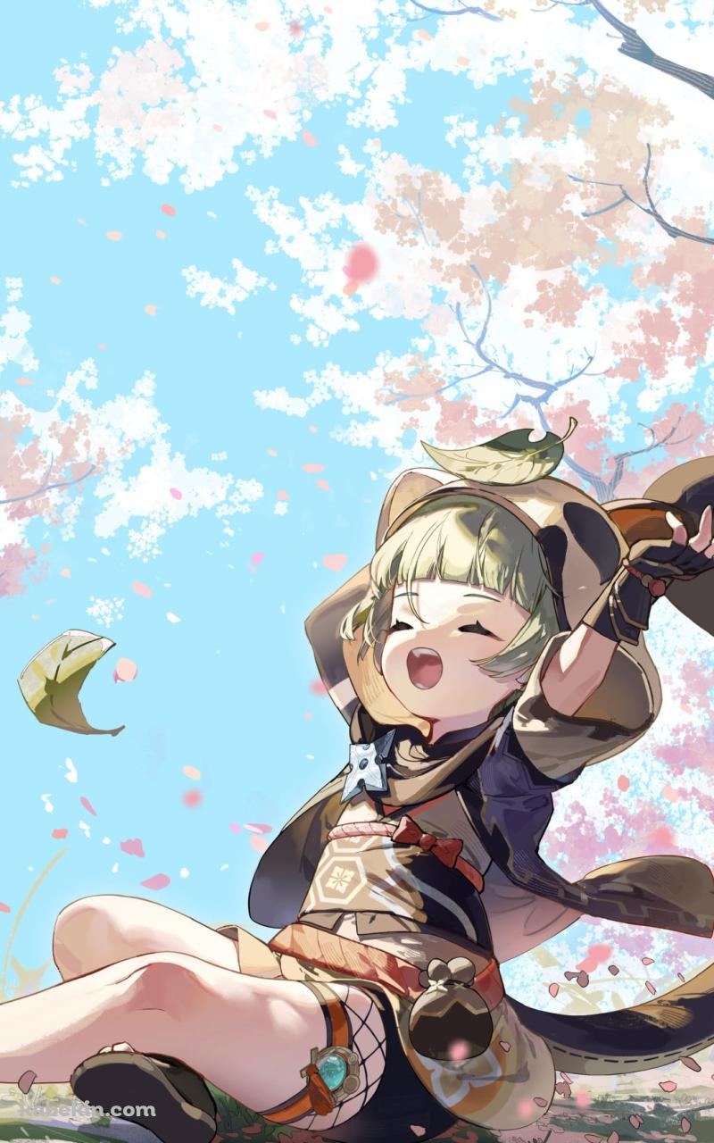 桜の木の下で伸びをするかわいい早柚 / 原神のAndroidの壁紙(800px x 1280px) スマホ用