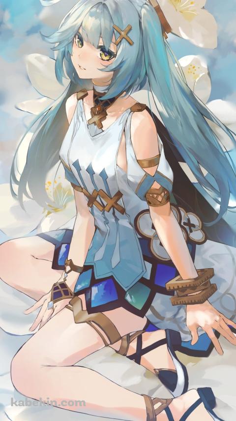 白い花の上に座るかわいいファルザン / 原神のAndroidの壁紙(480px x 854px) スマホ用
