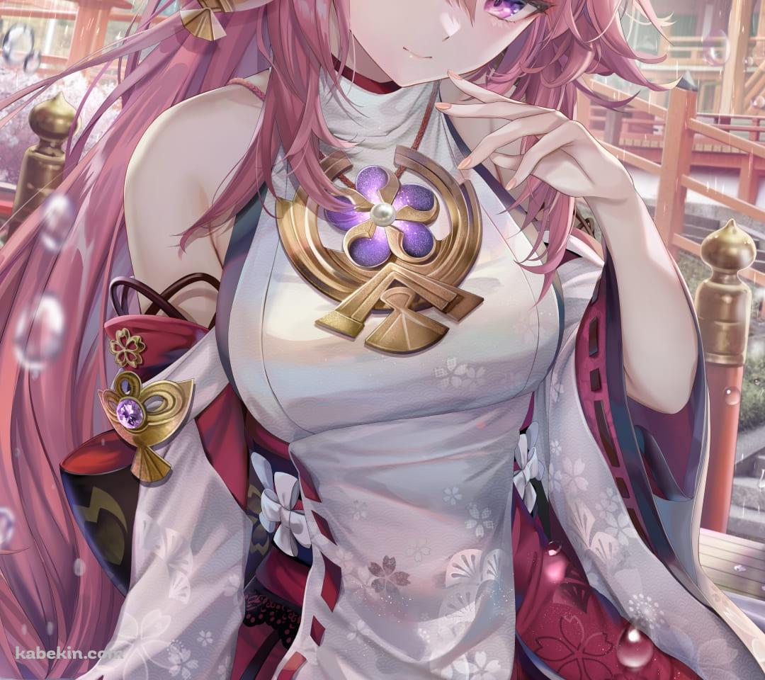 楼閣と桜と八重神子 / 原神のAndroidの壁紙(1080px x 960px) スマホ用