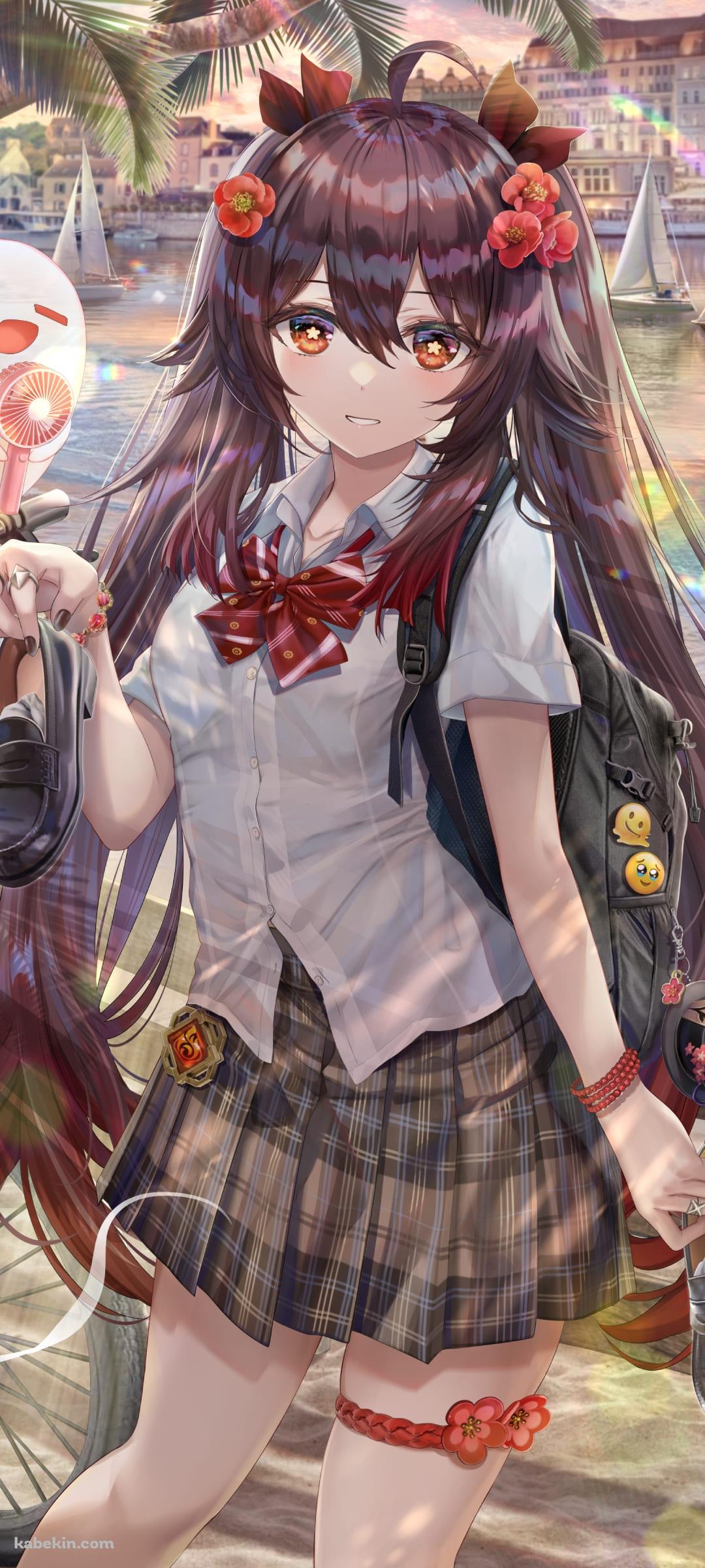 川沿いで靴を持った胡桃 / 原神のAndroidの壁紙(1080px x 2400px) スマホ用