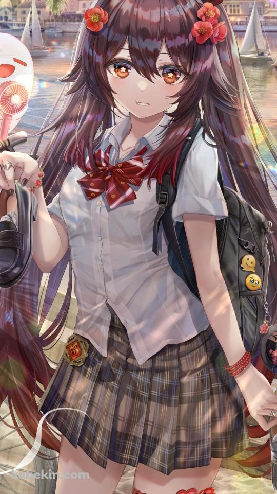 川沿いで靴を持った胡桃 / 原神のAndroidの壁紙(540px x 960px) スマホ用