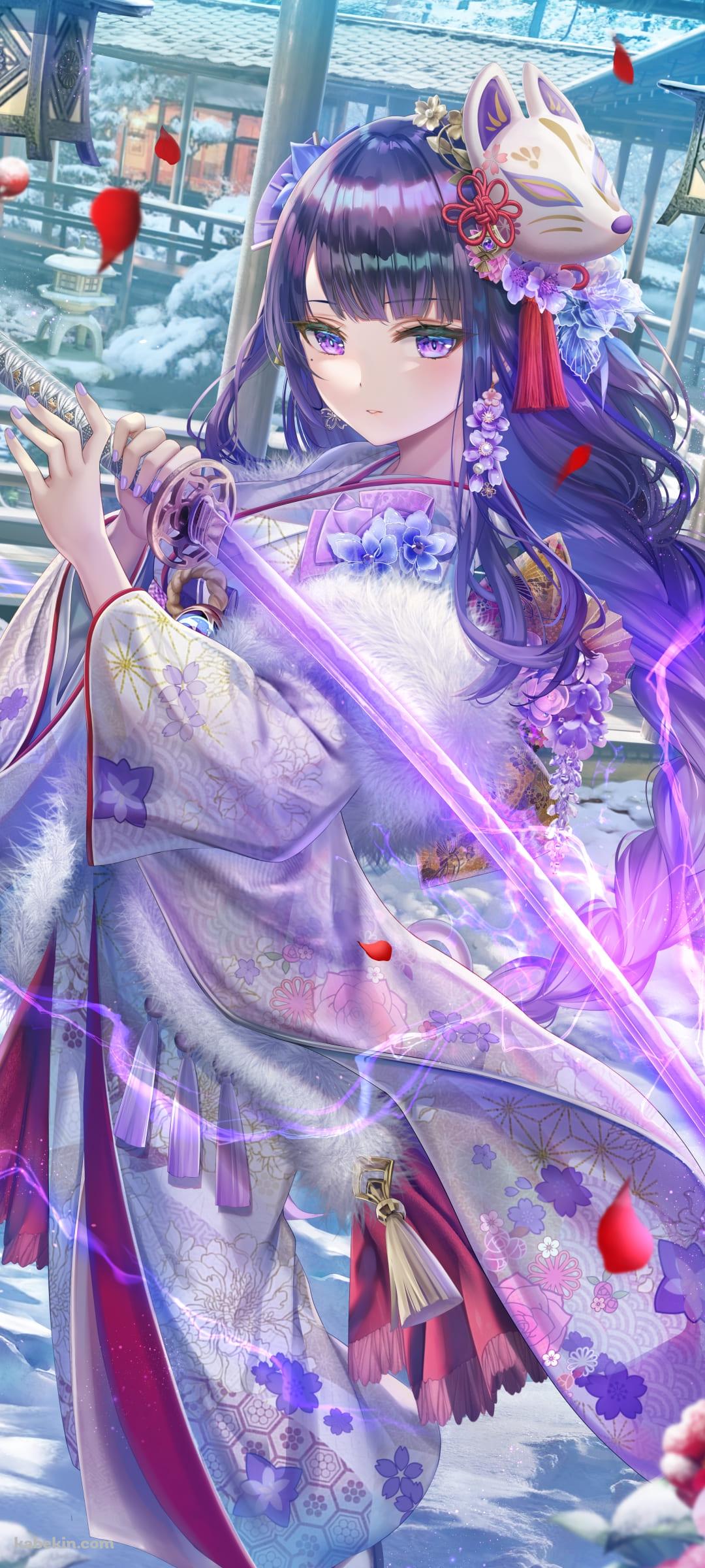 紫の稲妻を放つ剣を構える雷電将軍 / 白い着物 / 綺麗 / 原神のAndroidの壁紙(1080px x 2400px) スマホ用