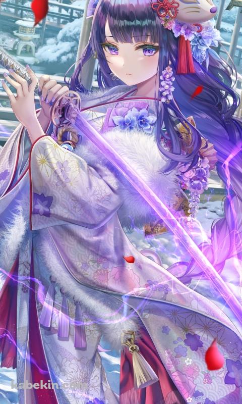 紫の稲妻を放つ剣を構える雷電将軍 / 白い着物 / 綺麗 / 原神のAndroidの壁紙(480px x 800px) スマホ用
