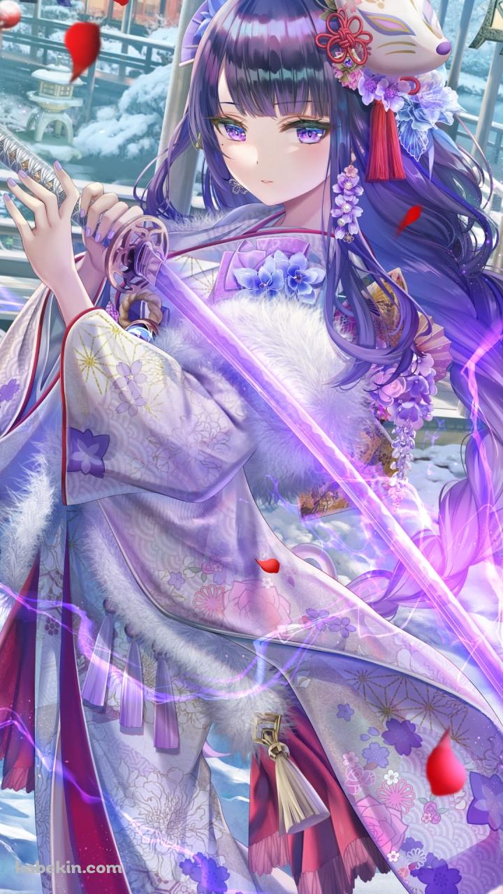 紫の稲妻を放つ剣を構える雷電将軍 / 白い着物 / 綺麗 / 原神のAndroidの壁紙(720px x 1280px) スマホ用