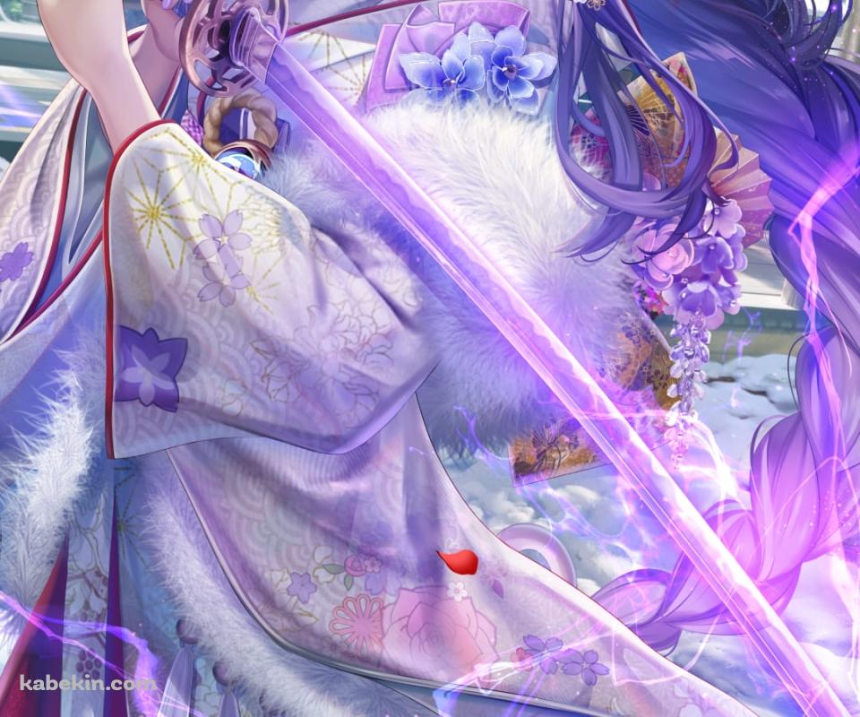 紫の稲妻を放つ剣を構える雷電将軍 / 白い着物 / 綺麗 / 原神のAndroidの壁紙(960px x 800px) スマホ用