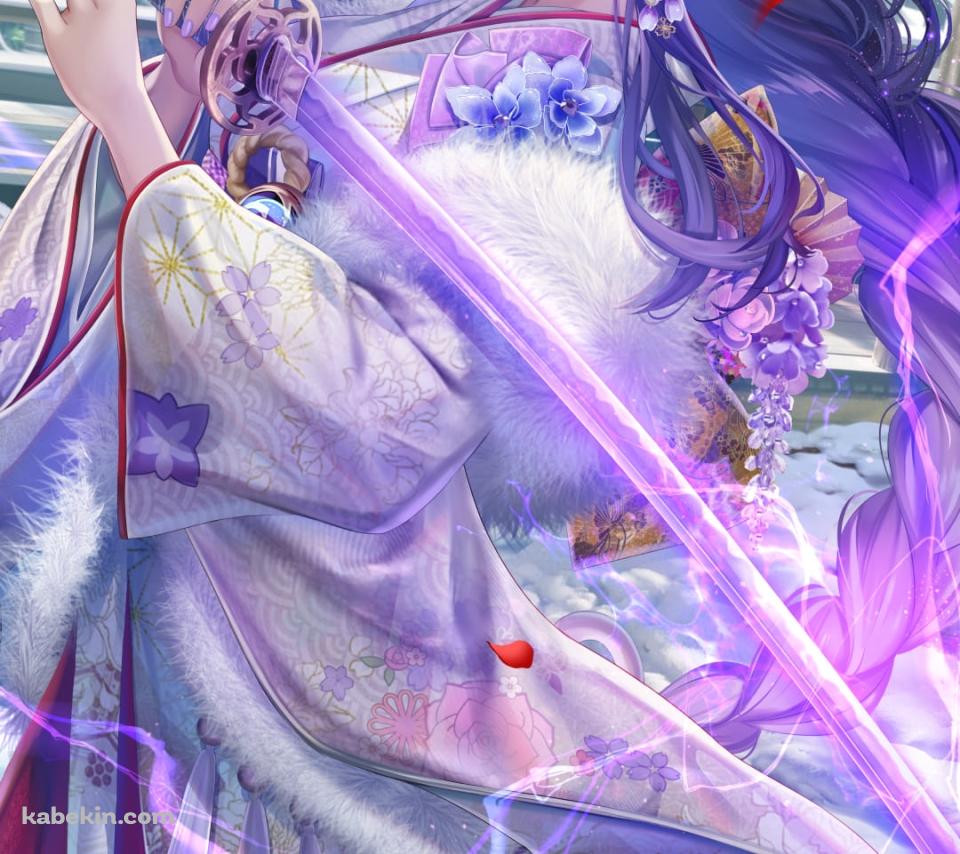 紫の稲妻を放つ剣を構える雷電将軍 / 白い着物 / 綺麗 / 原神のAndroidの壁紙(960px x 854px) スマホ用