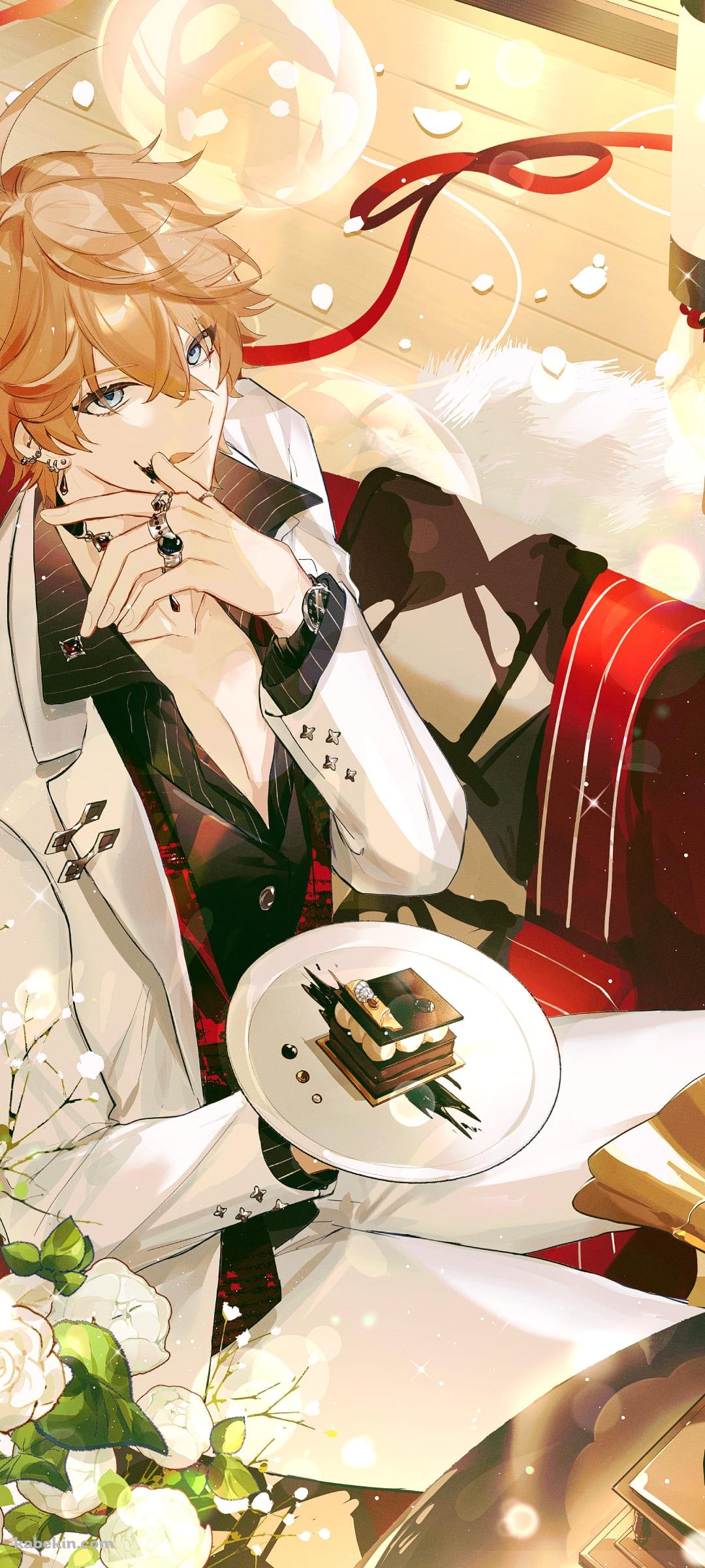 チョコレートケーキを食べるタルタリヤ / 原神のAndroidの壁紙(1080px x 2400px) スマホ用
