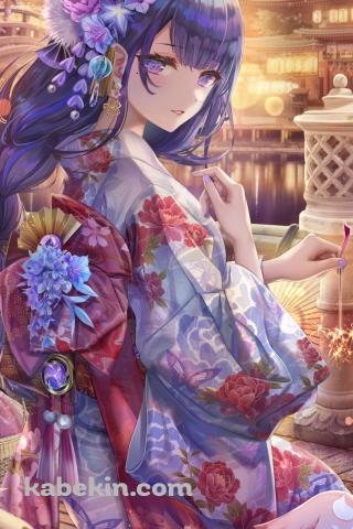 浴衣を着て線香花火をする雷電将軍 / 原神のAndroidの壁紙(320px x 480px) スマホ用