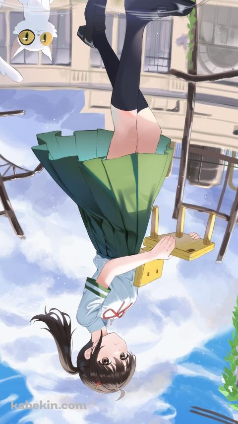 水たまりに反射する岩戸鈴芽 / すずめの椅子 / ダイジン / すずめの戸締まり / ファンアート / イラストのAndroidの壁紙(480px x 854px) スマホ用
