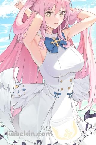波打ち際に座り髪をかきあげる聖園ミカ / ブルアカ / ブルーアーカイブ / ファンアート / イラストのAndroidの壁紙(320px x 480px) スマホ用