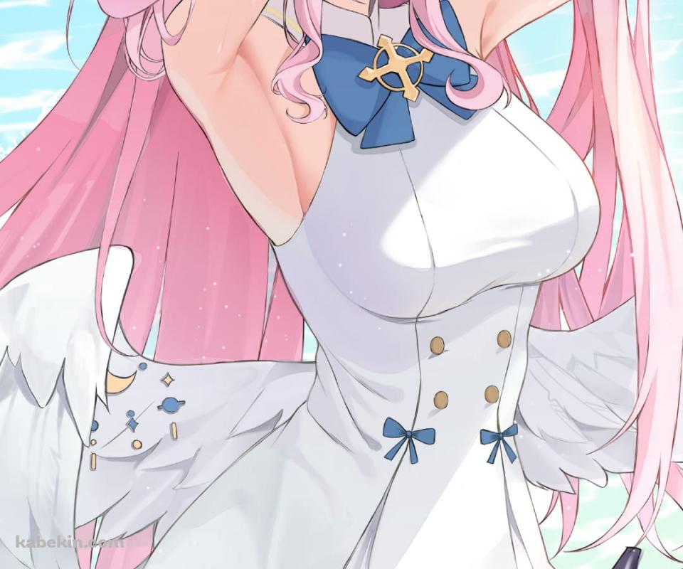 波打ち際に座り髪をかきあげる聖園ミカ / ブルアカ / ブルーアーカイブ / ファンアート / イラストのAndroidの壁紙(960px x 800px) スマホ用